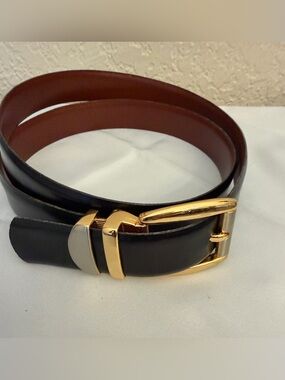 Vtg Italian Leather Belt Size 38 Reversible Black Brown Silver Metal Buckle